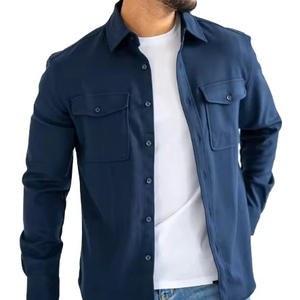 Camisas de Trabajo Técnicas Personalizadas para Hombre, Color Azul Marino, Tejido Elástico de Alto Rendimiento, Corte Ajustado, Transpirables, con Doble Bolsillo, para Primavera - Product Image 1