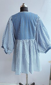 Women's <b>Loose</b> Fit Striped And Floral Print Midi <b>Dress</b> Tie Neck Puff Sleeve Casual Summer Woven Cotton Breathable <b>Dress</b> - Product Image 2
