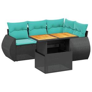 ชุดโซฟาลานบ้านหวายโพลีสีดำ 5 ชิ้นพร้อมเบาะรองนั่ง เฟอร์นิเจอร์กลางแจ้งที่หรูหรา - Product Image 2