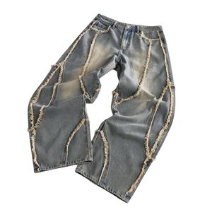 Custom Raw Edge Patchwork Jeans <b>Men</b> Women Baggy Wide Leg Denim Pants Raw Seam Vintage Y2K Washed Streetwear <b>Trousers</b> - Product Image 3