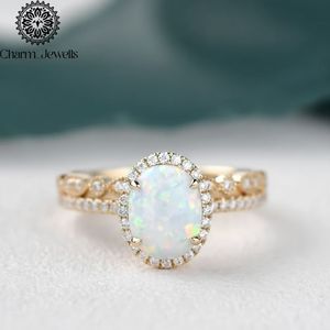 Charm_Jewells Women's Rose <b>Gold</b> Plated Oval <b>Opal</b> Engagement <b>Ring</b> Pave Setting Romantic Style - Product Image 4