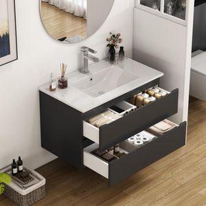 Mobile Bagno Sospeso da 32 Pollici con Doppio Cassetto, Ante Arrotondate, Sistema Soft-Close, Lavabo in Ceramica, Nessun Montaggio Hardware Richiesto - Product Image 3