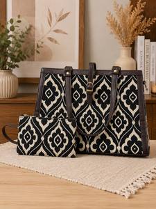 Sac fourre-tout de soirée en PU tissé, grande capacité, à porter à l'épaule, avec motif géométrique, fermeture à rabat et pochette pour usage quotidien - Product Image 1
