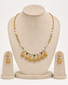 Gold Beaded Necklace and <b>Earring</b> Set Pearl and Gemstone Choker Jhumka Jewelry for Women Gift Ceremony Wear - Product Image 2