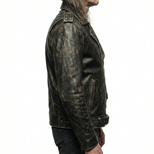 Chaqueta Varsity de Cuero Genuino para Hombre, Estilo Desgastado, Cierre Frontal con Cremallera, Corte Regular, Color Sólido, Resistente al Viento, Transpirable, para Invierno - Product Image 5