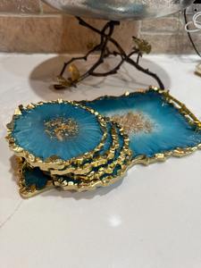 Blue Agate Slice <b>Coasters</b> with Gold Edge Irregular Shape Glam Table Mats Reusable Stone <b>Drink</b> Pads Clear Acrylic Tea Cup <b>Coaster</b> - Product Image 1
