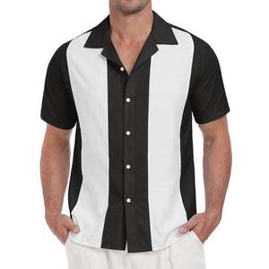 เสื้อเชิ้ตโบว์ลิ่งลายทางวินเทจสำหรับผู้ชาย แขนสั้น ปกคอพับ ติดกระดุม เหมาะสำหรับวันหยุดฤดูร้อน ผ้าฝ้ายนุ่ม 100% ขายส่ง - Product Image 1