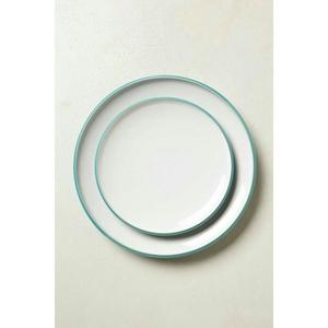 Assiette ronde en émail blanc avec bord vert, vaisselle minimaliste en métal plat, assiettes de service pour restaurant, vaisselle de table - Product Image 4