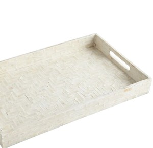 Plateau rectangulaire en nacre fait main, motif mosaïque de briques de crème perlée, pour le rangement des produits de salon et de spa - Product Image 2