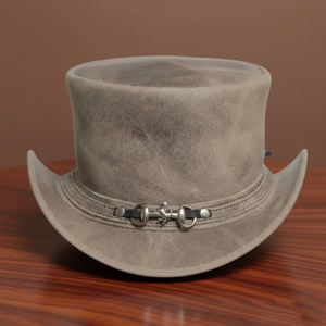 Chapeau haut de forme en cuir marron vieilli fait main, style unique steampunk, cowboy, western - Product Image 1