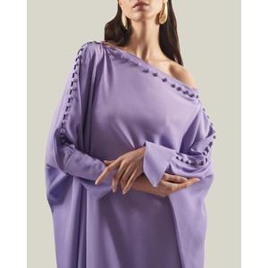 Robe longue élégante violette asymétrique en satin à épaules dénudées, coupe trapèze, manches longues, couleur unie, confortable, toutes saisons - Product Image 5