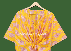 Kaftan Midi Jaune Moutarde Écologique et Vibrant, Style Décontracté, Charme Artisanal, Col en V, Manches Larges Style Kimono - Product Image 3