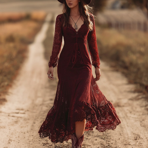 Robe longue maxi en dentelle bohème tendance faite à la main, col en V, manches longues, ourlet évasé, couleur unie, style décontracté automne, vente en gros - Product Image 1