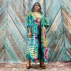 Tie Dye rayonne tissu Long Kimono Boho Style dame plage vacances d'été couvrir Sexy Resort porter femmes Kimono grande taille Kimono - Product Image 2