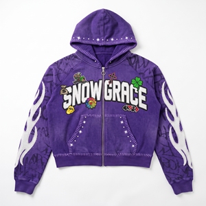 Sweat-shirt à capuche zippé Snowgrace avec imprimé lettres en strass, coupe oversize, unisexe, décontracté, pour l'hiver, manches régulières, en polaire - Product Image 1