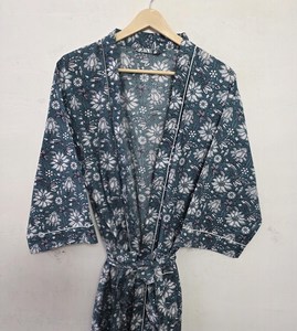 Elegante Bata Kimono de Algodón con Estampado Indigo, Hecha a Mano por Artesanos, con Diseño Floral de Jaipur, Cuello en V, Ecológica, Midi, de Cintura Alta para Mujer - Product Image 2