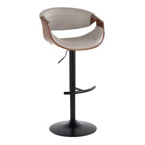 Taburete de bar ajustable moderno de mediados de siglo Symphony con base giratoria de metal negro, madera de nogal y piel sintética gris redondeada TFo - Product Image 2