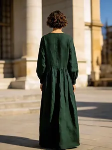 Robe longue décontractée pour femme en coton et lin, couleur rouille, coupe ample, manches longues, style bohème à volants - Product Image 4