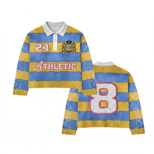 Camiseta de Rugby para Mujer, Tejido de Algodón y Poliéster de Alto Gramaje, Paneles a Rayas Naranja y Amarillo, Logotipo Personalizado con Impresión DTF - Product Image 3