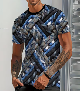 Camiseta de Manga Corta para Hombre, Azul Marino, Estampado Floral, Cuello Redondo, Corte Ajustado, Informal, Transpirable, Tejido de Poliéster, Cómoda - Product Image 6