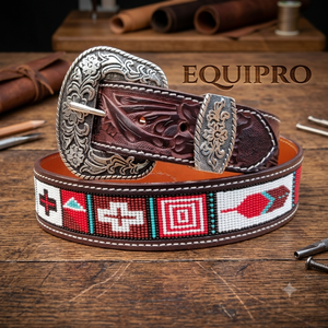 Ceinture en cuir brodée ethnique Equipro avec boucle à cadre, motif rayé, style décontracté, ceinture polo robuste, largeur 3,5 cm - Product Image 2