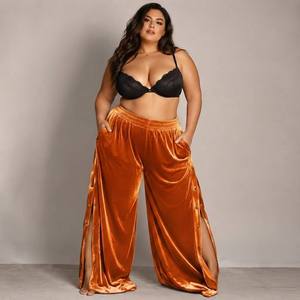 Pantalon large en velours doré pour femme, taille mi-haute, coupe droite et ample, écologique, décontracté, respirant, longueur intégrale, idéal pour l'été, vente en gros - Product Image 3
