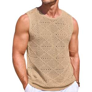 2025 camisetas sin mangas de punto para hombre, camisetas informales de ganchillo sin mangas con ahuecados, camisas musculosas Hippie de playa de verano - Product Image 4