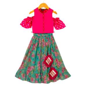 Women's Half-Sleeved <b>Top</b> with Lehenga in Pink & SeaGreen Polyester Girls' Set - Product Image 1