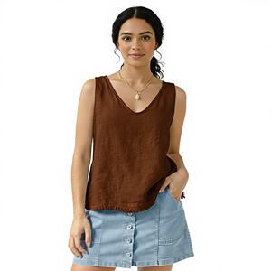 Camiseta sin mangas de algodón tejido con cuello en V para mujer, personalizada OEM de primera calidad, con botones y cuentas, forro suave, transpirable, blusa de verano sin mangas. - Product Image 1