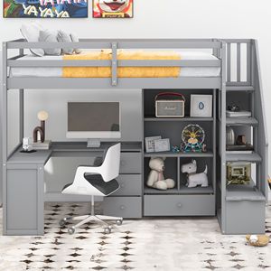 Letto a soppalco singolo con scrivania a L e cassetti, armadio contenitore grigio e scala - Mobili per bambini - Product Image 2