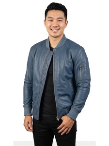 Veste en cuir bomber bleue pour homme - Product Image 1