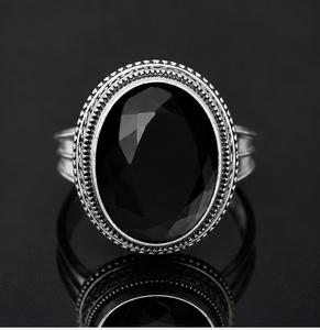 Bague en onyx noir naturel, argent sterling 925, faite à la main, pierre précieuse ovale, bijou vintage pour femme - Product Image 2