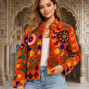 Handmade Knitted Suzani Embroidered Bomber <b>Jacket</b> Women Boho Vintage Ethnic Floral Velvet Reversible Colorful Statement Wear - Product Image 5