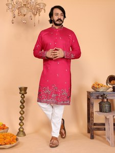 Ensemble Kurta Pyjama en Lin et Coton Durable avec Broderie et Sequins, Tenue Ethnique pour Hommes, Idéal pour Mariages, Festivals et Soirées - Product Image 4