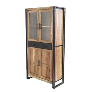 Iron and Recycled Wooden Industrial Design Double Part Glass Display Cabinet for Home and Commercial Display Cabinet