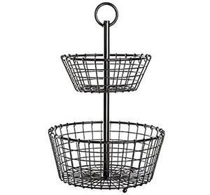 ตะกร้าผลไม้โลหะสีดำแบบสองชั้น ดีไซน์ทันสมัย สำหรับเก็บอาหาร ขนมปัง ผลไม้ ใช้ตกแต่งห้องครัว - Product Image 1