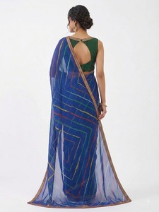 Sari Sintético Azul con Estampado Digital y Blusa Verde para Mujer, Traje Tradicional de Boda de la India y Pakistán, Disponible en Stock - Product Image 2