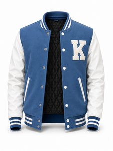 Veste universitaire unisexe en laine bleue avec manches blanches brodées de la lettre K, style streetwear, col rabattu, coupe classique, vêtement d'hiver - Product Image 3