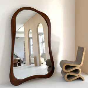 Miroir de sol en teck ondulé fait main bio, cadre naturel massif, design Wabi-Sabi de luxe pour salon et chambre, décoration intérieure - Product Image 2