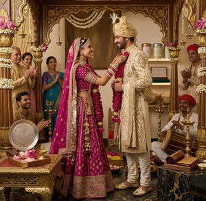 Guirnalda Varmala de Flores Rosadas Premium con Adornos de Perlas Doradas, Jaimala Tradicional India para Novios, Venta al Por Mayor - Product Image 4