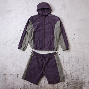 Men's Purple Green Color Block Hooded Zip-Up Jacket and Shorts <b>Set</b> Sporty Quick Dry <b>Knitted</b> Polyester Summer Wear - Product Image 1
