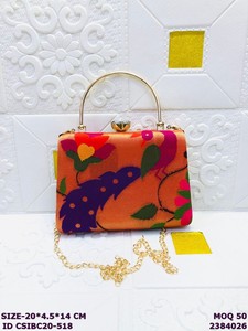 Luxury Floral Printed Silk <b>Clutch</b> Bag with Metal Handle & Chain | Designer Ethnic Evening Handbag for Women | <b>Wedding</b> & Party - Product Image 4