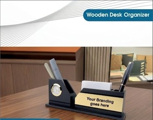 Executive Office <b>Desk</b> Accessories Organiser with Memo Holder & Branding Plate Corporate Gift Wooden <b>Desk</b> Organiser with <b>Clock</b> - Product Image 6