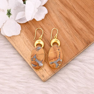Boucles d'oreilles pendantes plaquées or de qualité supérieure, bijoux en laiton avec pierre précieuse Malinga Jasper, boucles d'oreilles en laiton faites à la main pour femmes - Product Image 2