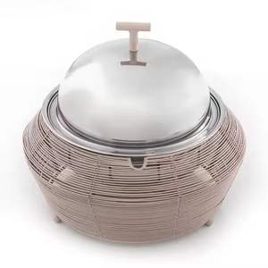 Cacerola de Acero Inoxidable de Lujo con Tapa Dorada en Forma de Cúpula, Base con Diseño de Madera, Olla para Servir Buffet, Vajilla para Hoteles y Restaurantes - Product Image 2