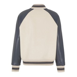 Veste universitaire pour homme, corps crème, manches en PU marine, fermeture boutonnée, col rabattu, coupe classique, style décontracté d'automne - Product Image 4