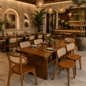 Elegant Suar <b>Wood</b> Minimalist Export Elysian Live Edge <b>Dining</b> Set Collection with Teak Rattan Chairs for Hospitality Use - Product Image 5