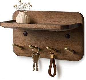 Porta Llaves Rectangular de Madera Maciza con Ganchos de Hierro e Imanes Ocultos, Diseño Flexible, Color Marrón Vintage, para Montar en la Pared - Product Image 1