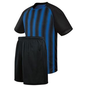 Ensemble de maillots de football rayés bleus et noirs en gros, OEM, manches courtes, col rond, 100% polyester, uniforme adulte toutes saisons - Product Image 1
