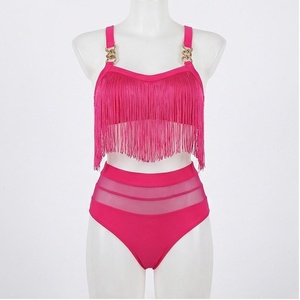Conjunto de bikini rosa de dos piezas con top corto con borlas y pantalones de cintura alta, traje de baño para mujer - Product Image 1